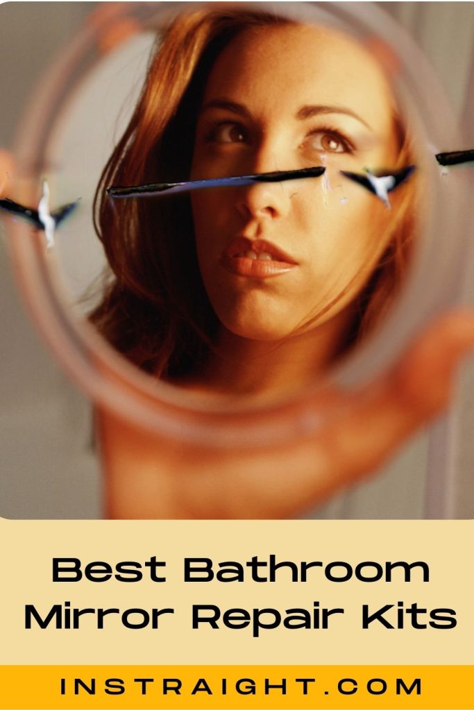 a beautiful model with red lipstick looking through a broken mirror